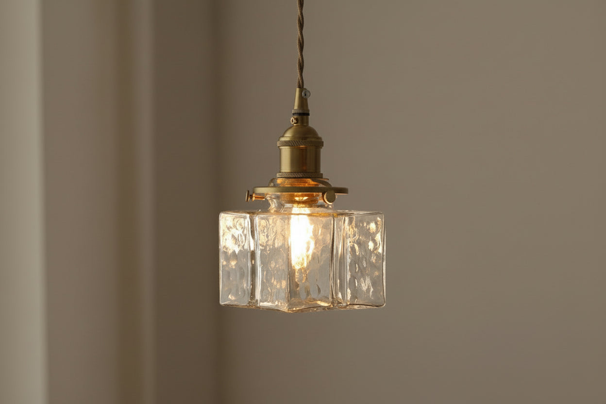 Pendant light with dimensions marked on a plain background