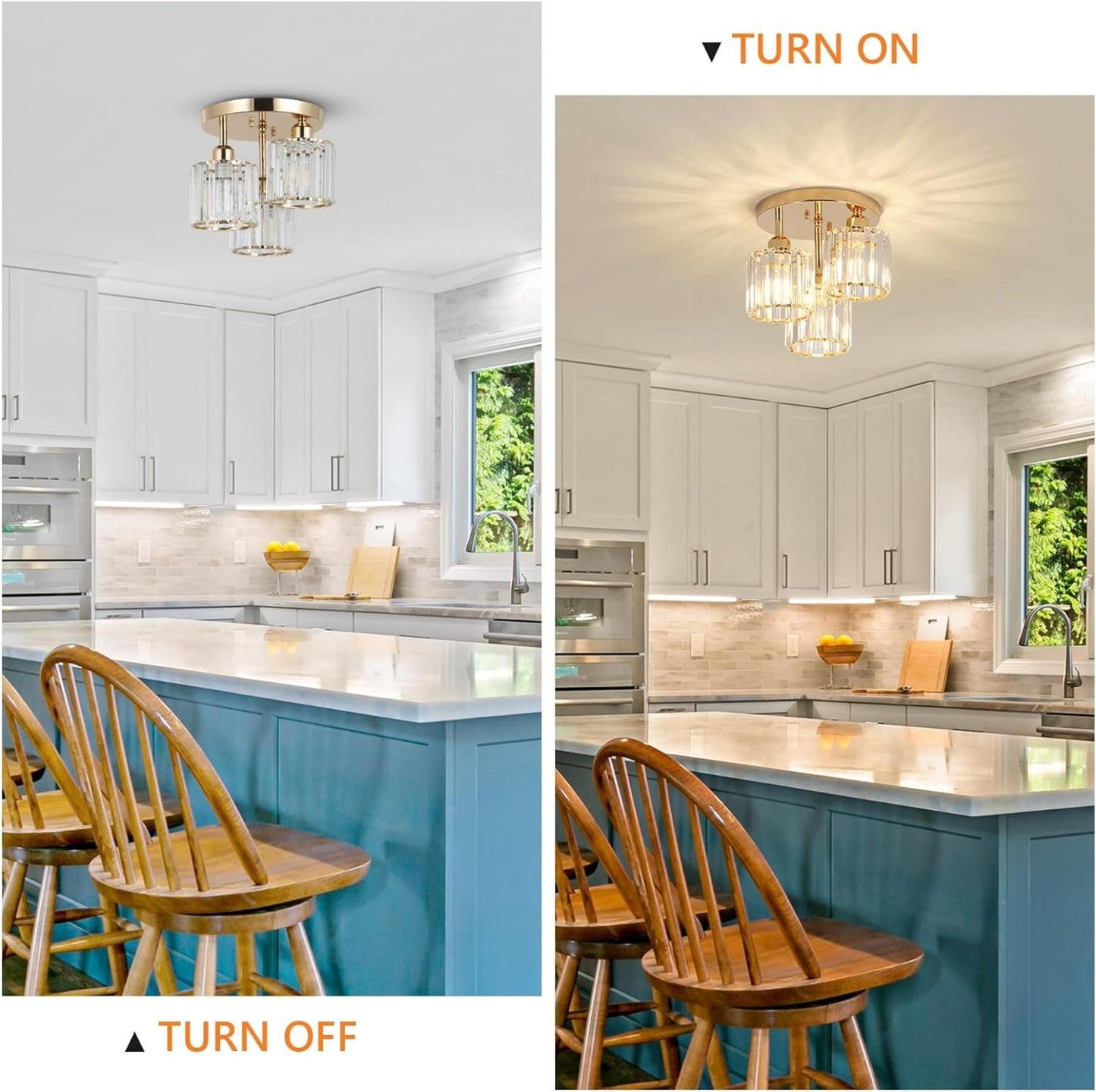 Modern 3-Light Crystal Semi-Flush Ceiling Light (Gold)