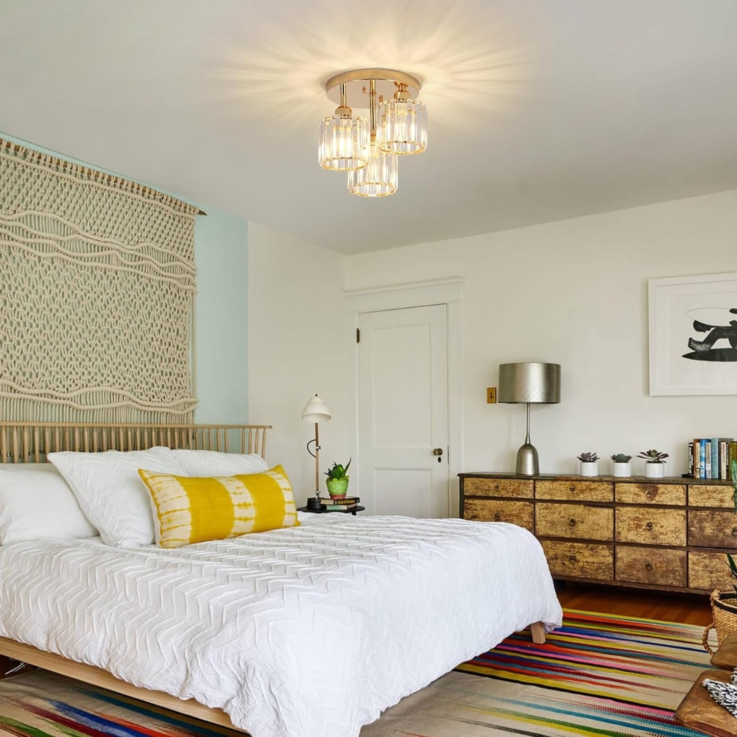 Modern 3-Light Crystal Semi-Flush Ceiling Light (Gold)