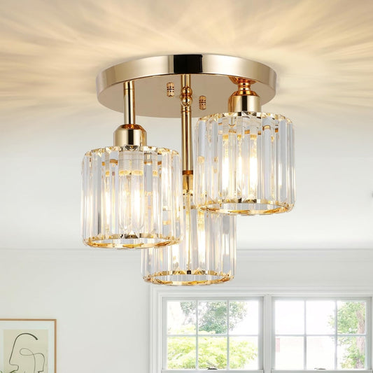 Modern 3-Light Crystal Semi-Flush Ceiling Light (Gold)
