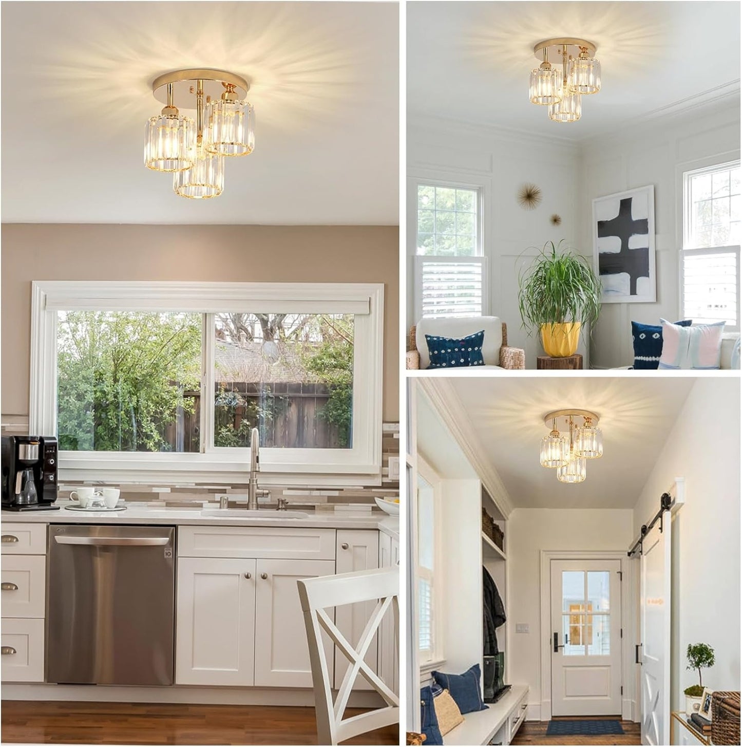 Modern 3-Light Crystal Semi-Flush Ceiling Light (Gold)