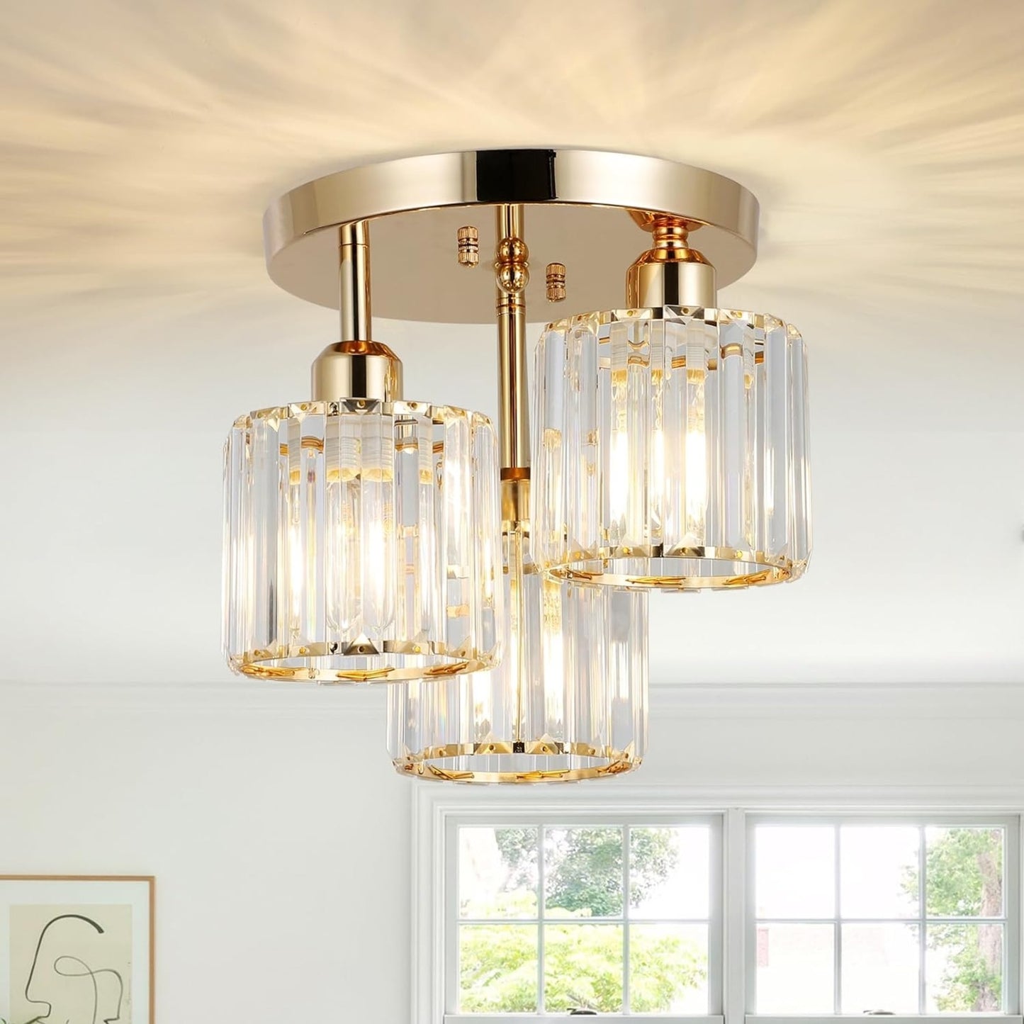 Modern 3-Light Crystal Semi-Flush Ceiling Light (Gold)