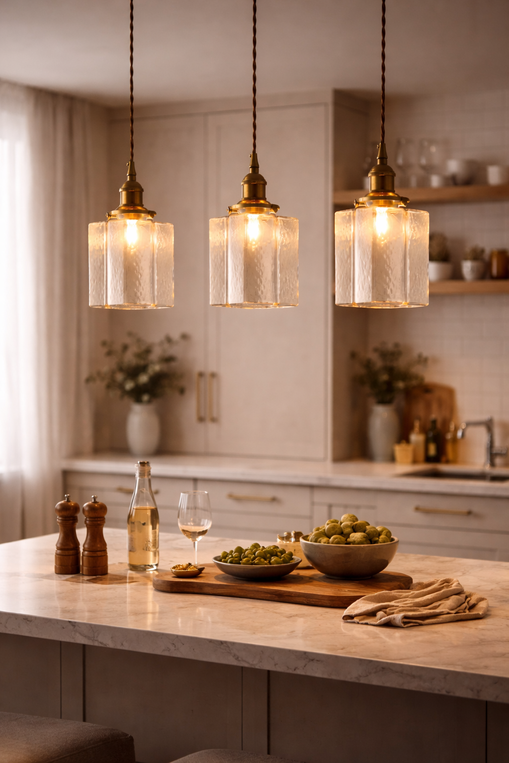 Modern kitchen with pendant lights, a countertop with food, and a neutral color scheme.