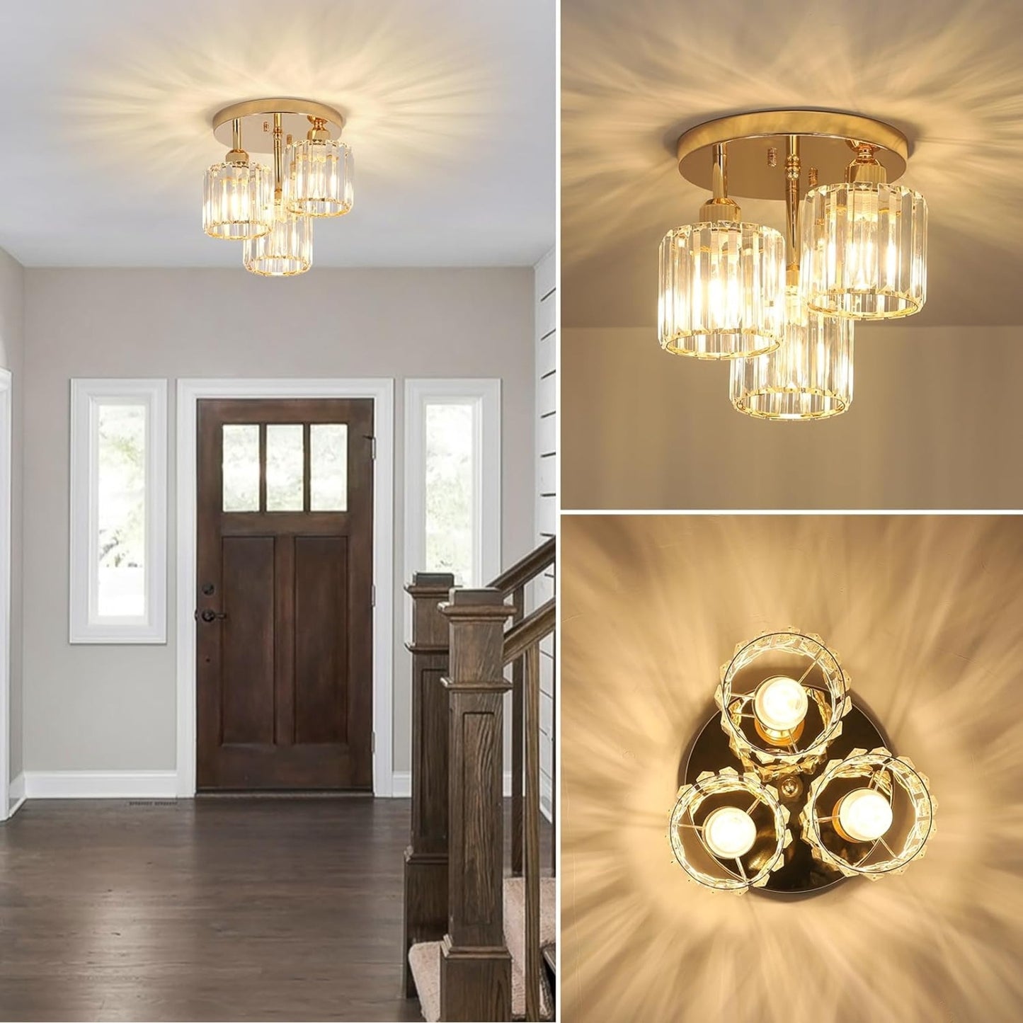 Modern 3-Light Crystal Semi-Flush Ceiling Light (Gold)