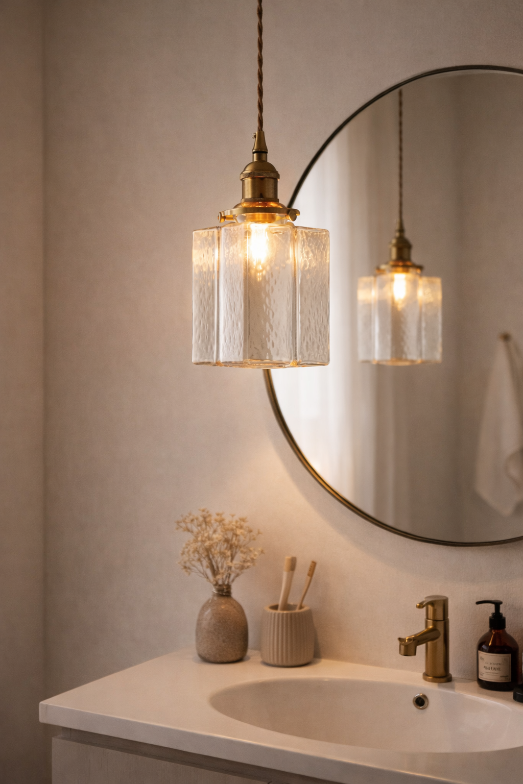 Bathroom vanity with round mirror, pendant lights, and toiletries.