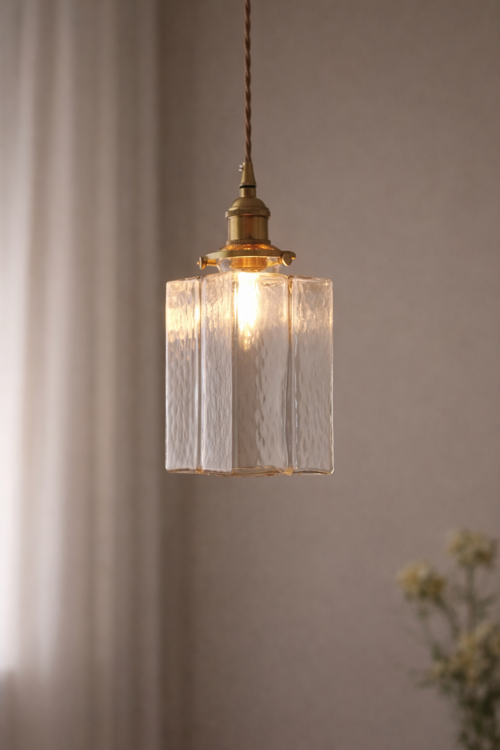 Pendant light with clear glass shade and brass fixture on a neutral background