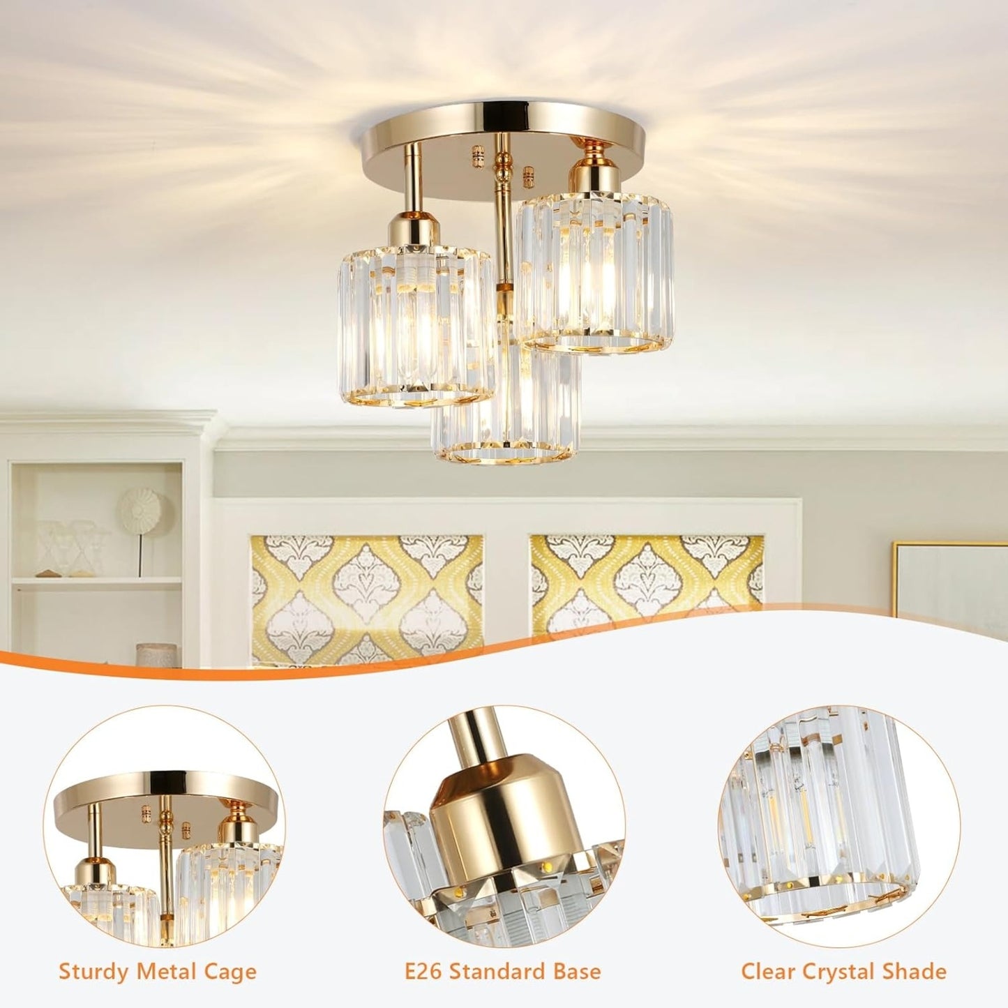 Modern 3-Light Crystal Semi-Flush Ceiling Light (Gold)