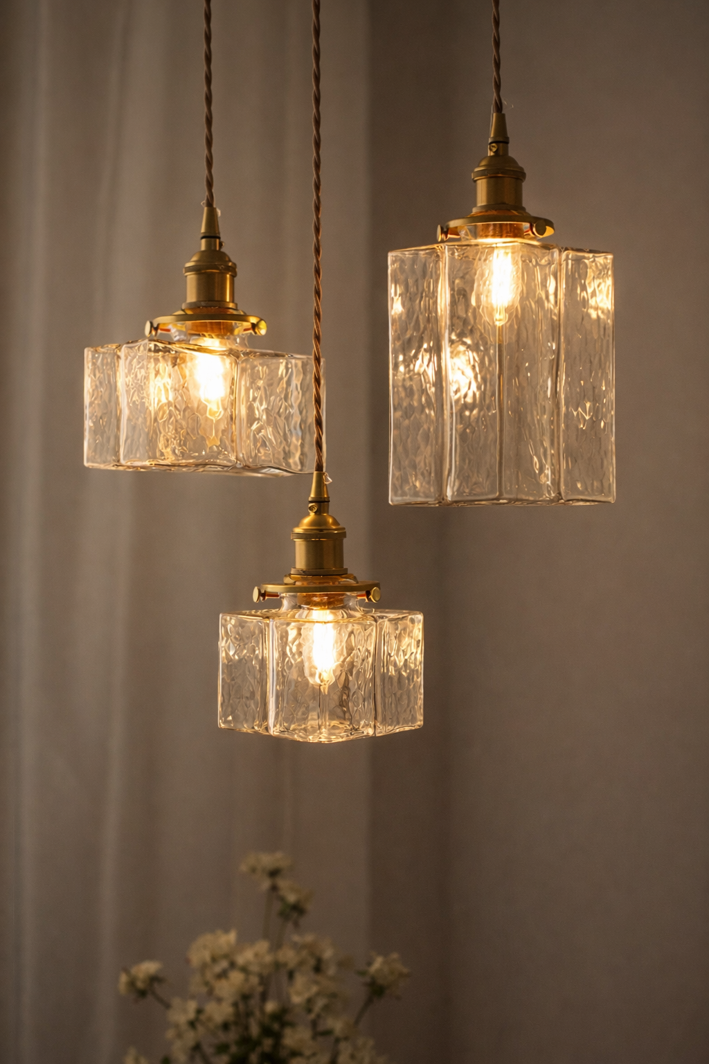 Three vintage-style pendant lights with glass shades and brass fixtures against a neutral background.