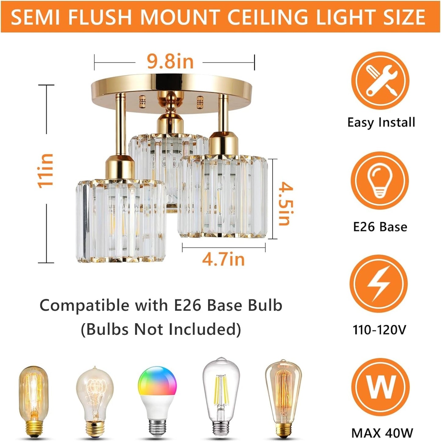 Modern 3-Light Crystal Semi-Flush Ceiling Light (Gold)